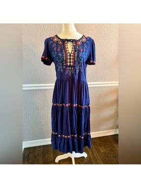 Johnny Was Sicilia Tiered Knit Dress Size L Blue Embroidered Midi Boho Peasant